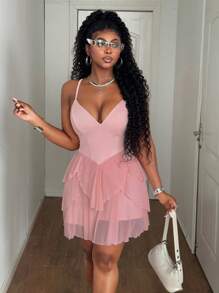 Maweii Sexy Elegant Mesh Patchwork Criss-Cross Spaghetti Strap V-Neck Plus Size Pink Romper - Pink - View 5