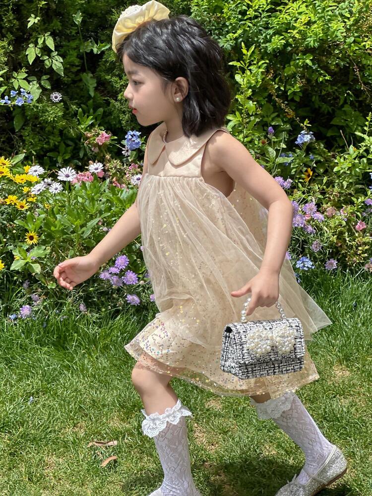 Young Girl Girl's Doll Face Sleeveless Mesh Round Neck Party Dress, Summer