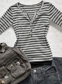 SHEIN Women's Casual Striped Long Sleeve Fitted T-Shirt Fall Cloth For Women - Grey - View 5