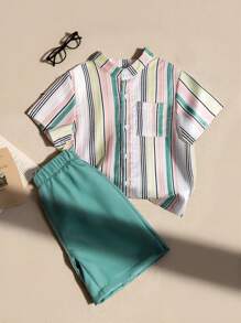 SHEIN 2件套男童夏季休闲条纹前扣衬衫和短裤套装 - 軍綠色 - 查看 1