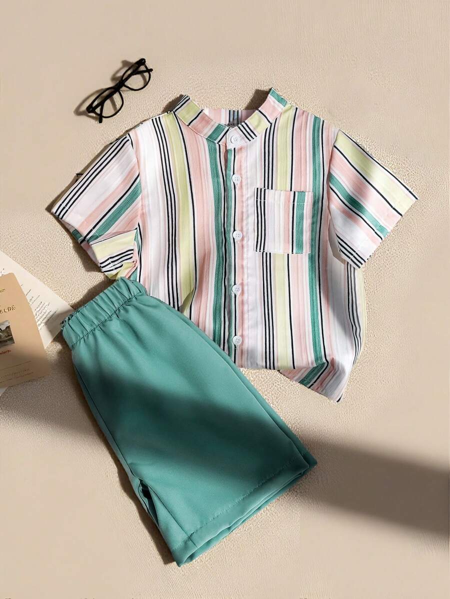 SHEIN 2件套男童夏季休闲条纹前扣衬衫和短裤套装 - 軍綠色 - 查看 1