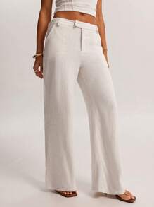 SHEIN BAE Women Plain Pocket Straight Leg Loose Casual Pants, Versatile Business Casual Woman,Cargo Pants