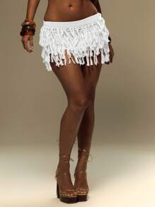 MUSERA 针织层叠毛边迷你裙 夏季度假 节日 Y2K 海滩度假 伊比沙岛 秋冬 时尚新娘 单身派对 告别单身派对 婚礼 春季 - 白色 - 查看 2