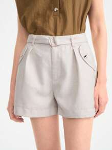 Aalyst Haferfarben minimalistische Damenhosen mit Metall-Gürtelschnalle, Sommerhosen