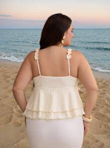 SHEIN MOD 杏色浪漫可爱乡村风吊带上衣，荷叶边装饰，荷叶边，度假，野餐，约会，波西米亚风 - 杏色 - 查看 2