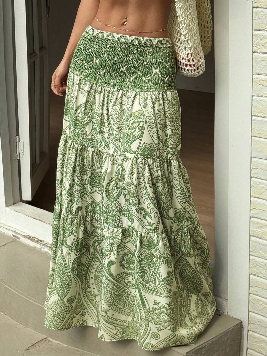 Sunnyshic 女式波西米亚印花长裙，休闲，适合度假和日常穿着，春夏季 - 綠色 - 查看 1