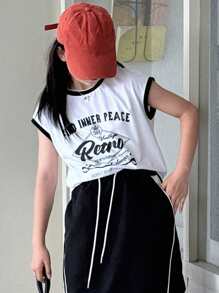 Dazy Kids ملابس علوية مطبوعة بياقة مستديرة للبنات المراهقات، صيفية، ملابس عودة إلى المدرسة - أبيض - مشاهدة 7