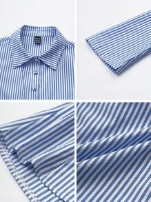 Zielony 法式修身蓝白条纹长袖优雅优雅办公室职业装女衬衫女式衬衫秋季女装