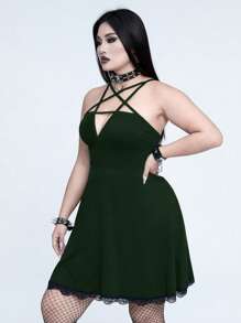 Whyspr 大码春夏深色性感修身休闲百搭大胆前卫领星十字系高腰修身蕾丝拼布下摆日常连衣裙，万圣节 - 墨綠色 - 查看 3