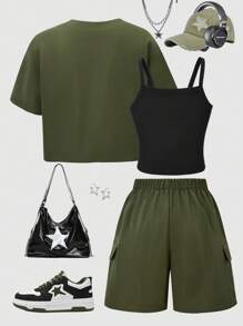 WESTFADE Young Tween Girl's 3 Pieces Set: Short Collar Baseball Jacket, Star Printed Cami Top, Utility Cargo Shorts, Casual Outfit