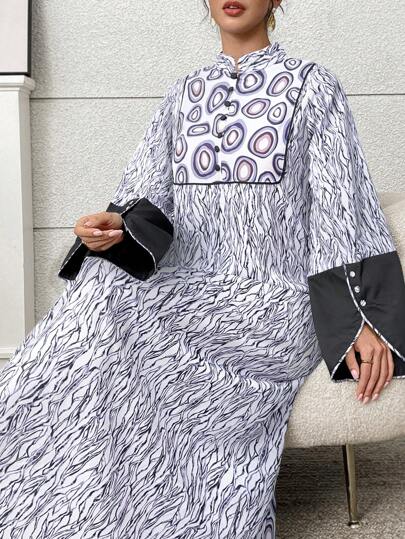 Al Najma 女式印花前纽扣长袖阿拉伯连衣裙，端庄