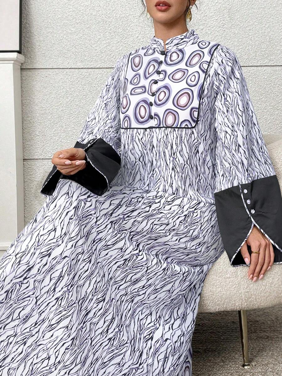 Al Najma 女式印花前纽扣长袖阿拉伯连衣裙，端庄 - 紫色 - 查看 1