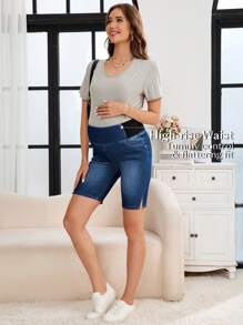 SHEIN Maternity Comfy Washed Denim Shorts With Pockets And Side Slits - Dark Wash - View 9