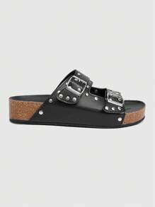 ROMWE Grunge Punk Women's Black Roman Beach Sandals, Summer Open Toe Buckle Strap Vacation Flat Slide Slippers