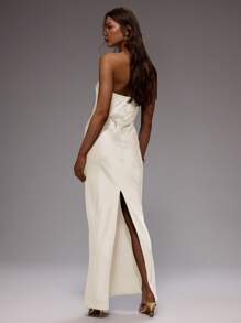 MUSERA 无肩带直筒缎面抹胸长裙，春夏度假优雅婚礼宾客毕业典礼正式假日海滩秋季夜游婚礼宾客优雅万圣节秋季派对时尚新娘单身派对告别单身派对婚礼长裙 - 奶油色 - 查看 3