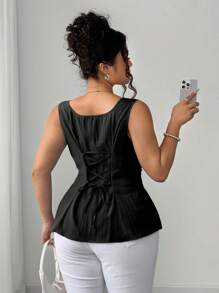 Elenzga 大码女式方领优雅法式 A 字腰衬衫上衣，荷叶边上衣 - 黑色 - 查看 2