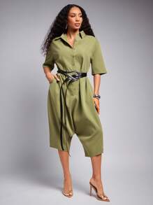 Vixey Button Up Drop Crotch Quarter Sleeve Jumpsuit, Business Casual Woman, Office Outfits For Women, Work Clothes Women, Business Women Attire, Professional Women Clothes - Army Green - View 3