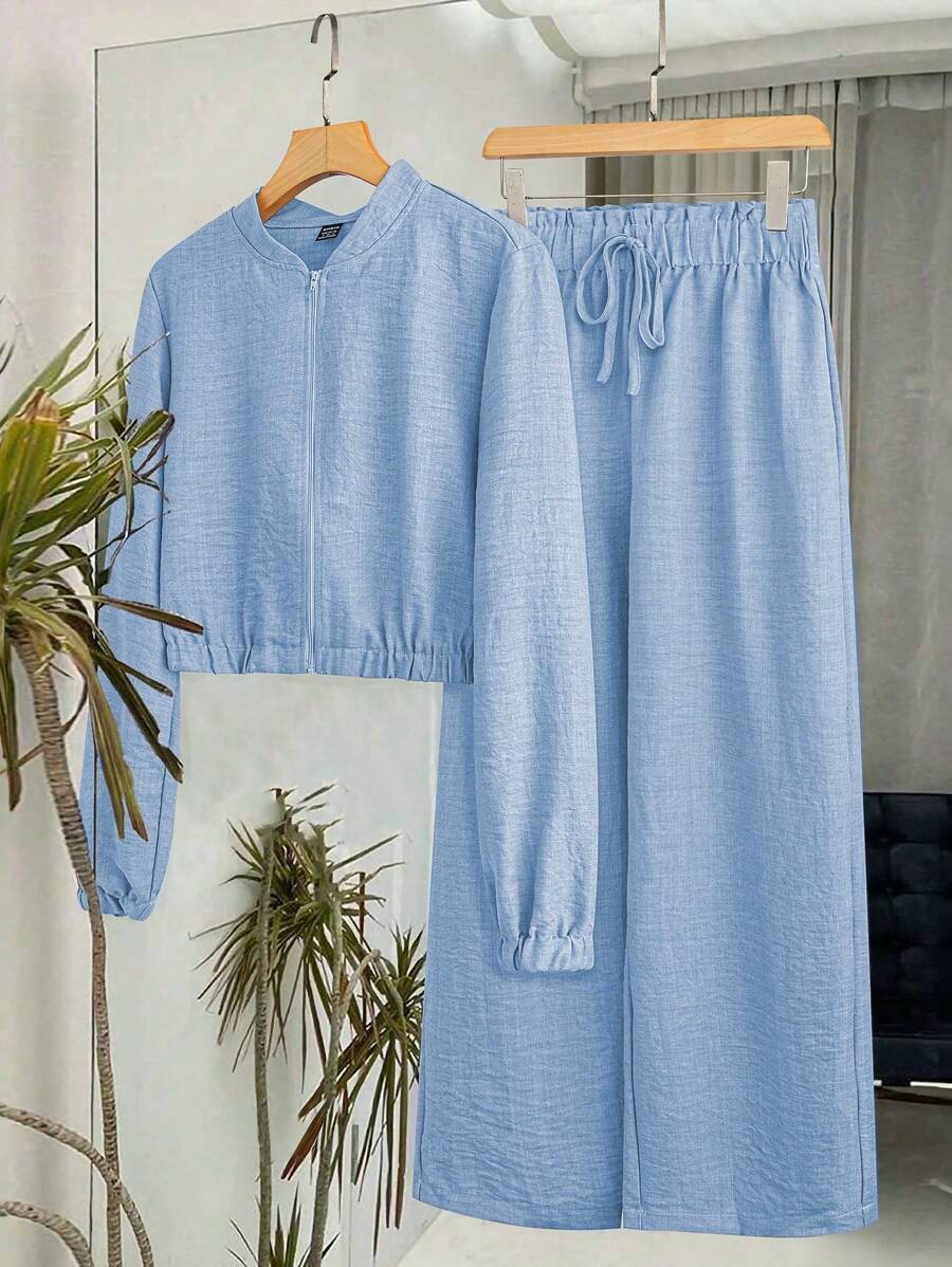 Bộ quần áo và áo khóa kéo màu trơn thường ngày - Màu xanh nhạt - Xem 1