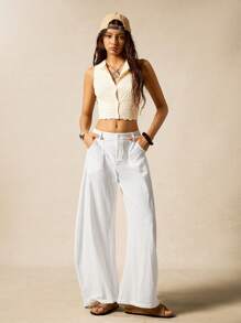 Easelle Quần ống rộng bằng vải cotton dệt kiểu bohemian màu trơn dành cho nữ mùa hè, kiểu quần ống loe xòe nhẹ, trang phục thanh lịch cho phái nữ. - trắng - Xem 6