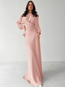 Firerie Women's Elegant Apricot Satin Asymmetric Hem Satin Skirt - Dusty Pink - View 4