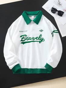 SHEIN 青少年男孩休闲字母印花宽松长袖 Polo 衫