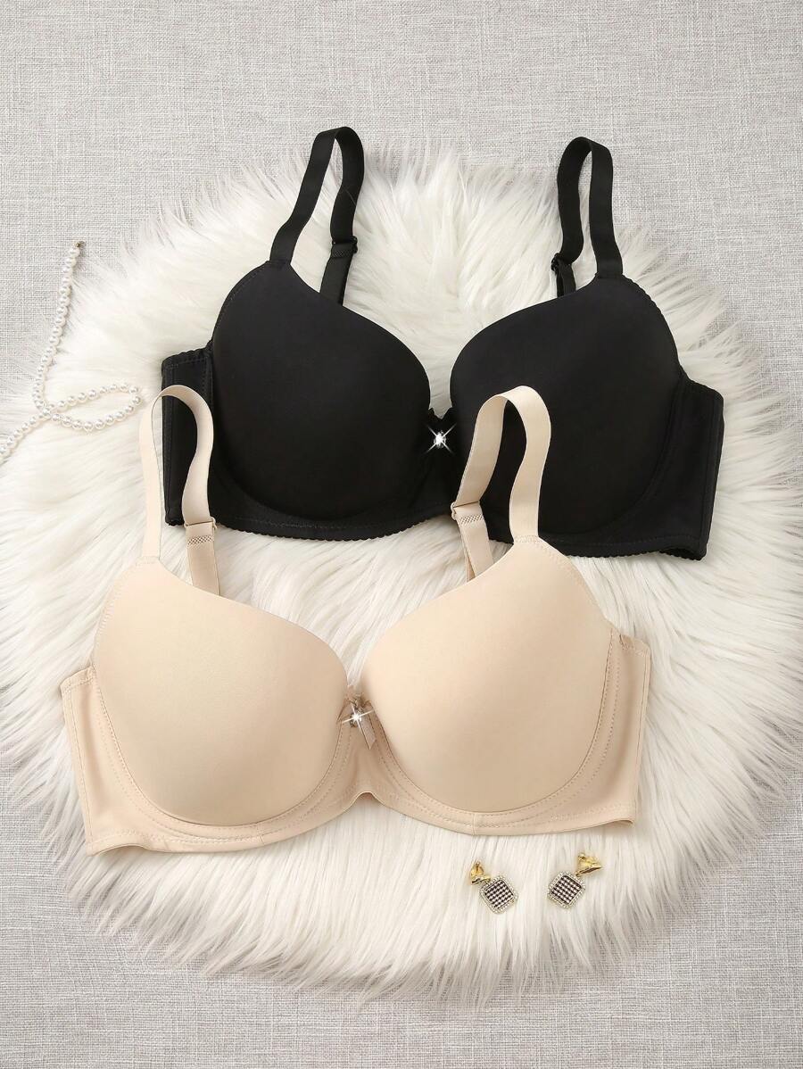 DesireSculpt 2 piezas Sujetador de unicolor cómodo con aros para mujer de talla grande, conjunto de ropa interior, levanta - Multicolor - Ver 1