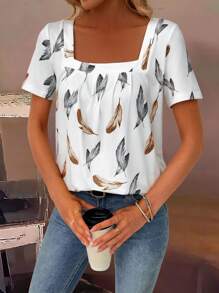 EMERY ROSE Women's Square Neck Elegant Casual Loose Pleated Feather Print Short Sleeve T-Shirt, Summer - White - View 6