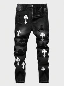 Boys' Fashion Distressed Graphic Print Slim Fit Ripped Washed Black Denim Jeans, Street Vintage Style - Black - View 1