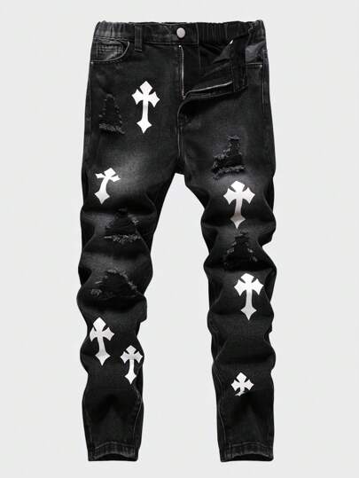 Jeans negros de mezclilla desgastados con estampado gráfico, corte slim, estilo vintage de calle para niños