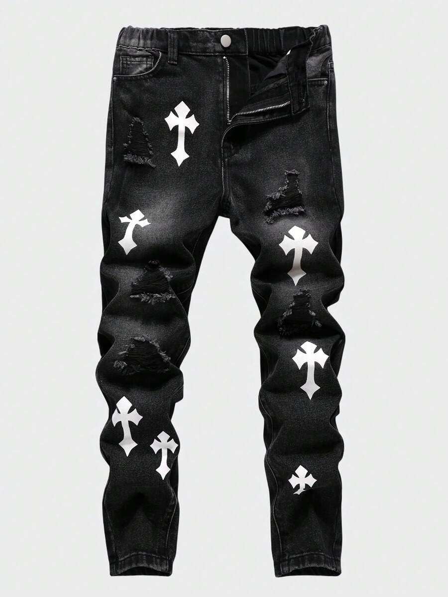 Boys' Fashion Distressed Graphic Print Slim Fit Ripped Washed Black Denim Jeans, Street Vintage Style - Black - View 1