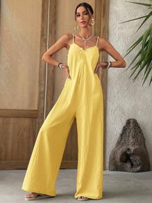 Vivid Eden 女士纯色宽松休闲阔腿度假连体裤 - 黃色 - 查看 7