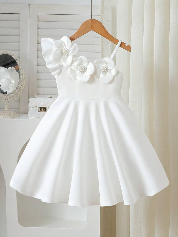 Young Girls White Beaded Floral Decor Waist Flared A-Line Dress, Fashion Suitable For Birthday Party, Summer