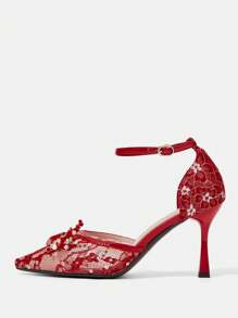 CUCCOO HITCHD Women's Pointed Toe High Heel Shoes, Red Rhinestone Floral Lace Mesh Wedding Party Pumps - Red - View 4