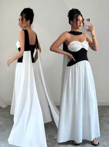 Chiquease Women's Black & White Splice Contrast Color Slim Fit Elegant Sexy Strapless Dress - Black and White - View 1