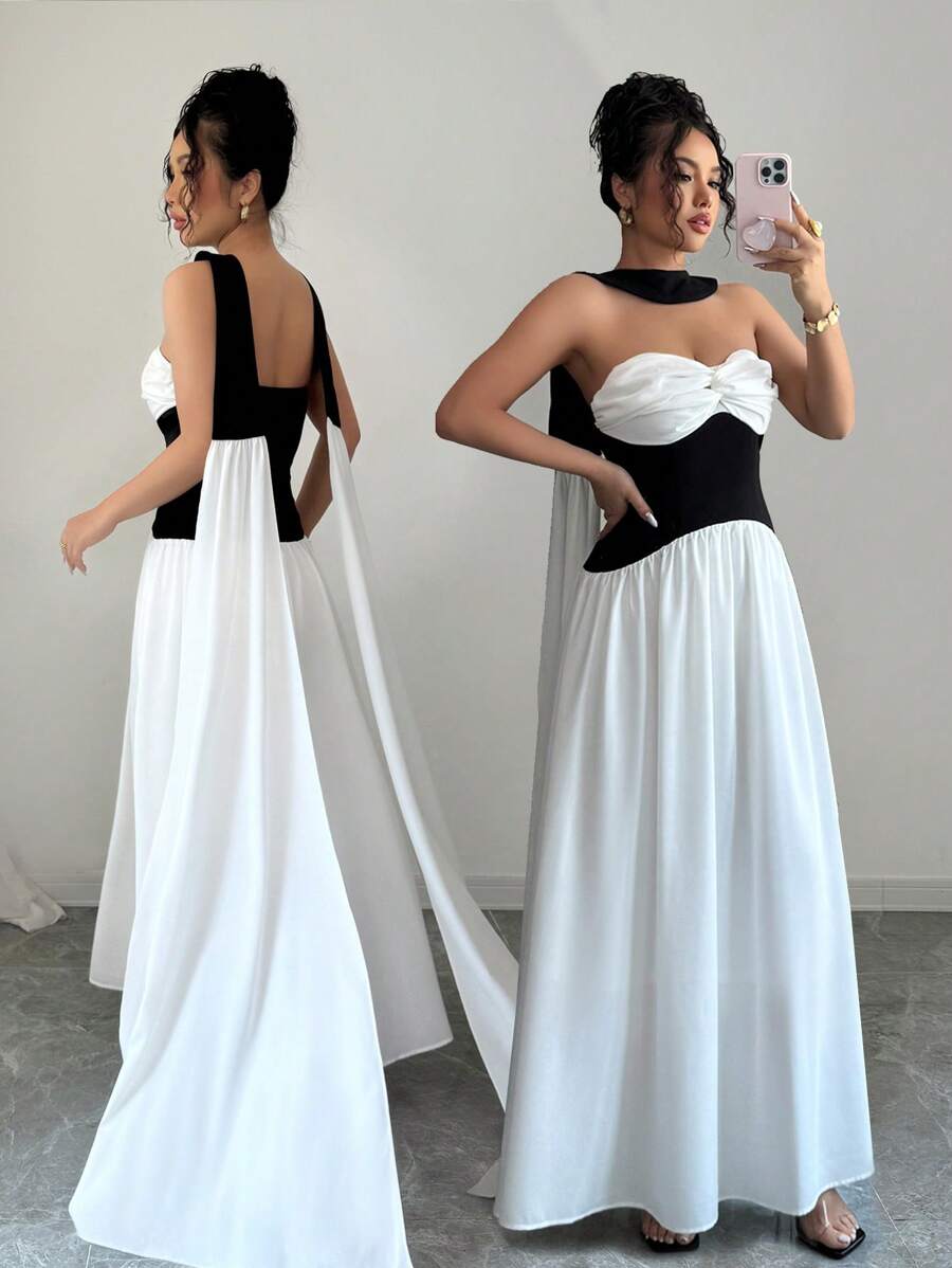 Chiquease Women's Black & White Splice Contrast Color Slim Fit Elegant Sexy Strapless Dress - Black and White - View 1