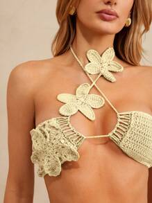L'Amorae Vacation Beach Floral 3D Decoration Knitted Halter Neck Coverup Top For Summer - Apricot - View 2