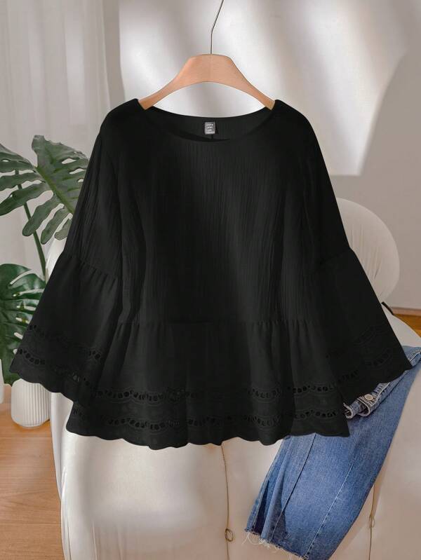 CosyJoli Plus Size Women's Summer Casual Hollow Lace Patchwork Black Blouse, Suitable For Vacation,Business Casual Woman