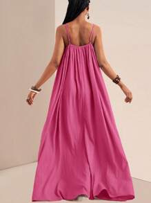 Slaydiva 大码女式纯色褶皱宽松休闲长款连体裤连衣裙，适合度假、吊带裙、夏季穿着，粉色长款连衣裙，夏季长款连衣裙，吊带长裙，休闲长款连衣裙 - 玫紅色 - 查看 3