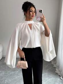 Elenzga Blusa ajustada de gasa con mangas acampanadas elegantes y cuello mao para mujeres, para verano