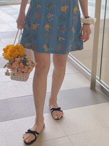 DAZY V-Neck Bow-Decor Short Sleeve Floral Embroidery Elegant Mini Dress For Women, Summer Vacation - Blue - View 3