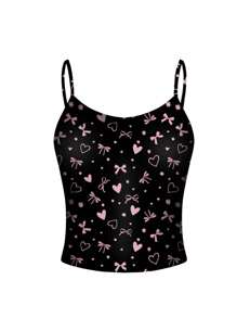 Luiza Werlang Y2K Style Fitted Camisole Top With Heart & Bow Pattern In Black & Pink, Suitable For Summer - Black - View 1