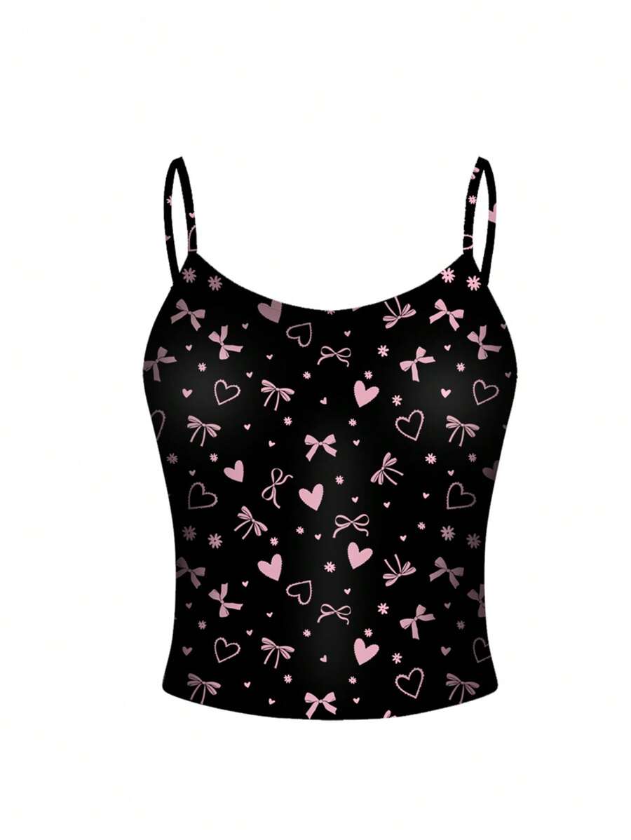 Luiza Werlang Y2K Style Fitted Camisole Top With Heart & Bow Pattern In Black & Pink, Suitable For Summer - Black - View 1