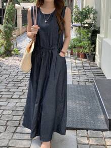 DAZY Women's Round Neck Casual Sleeveless Washed Denim Jumpsuit - Blue - View 2