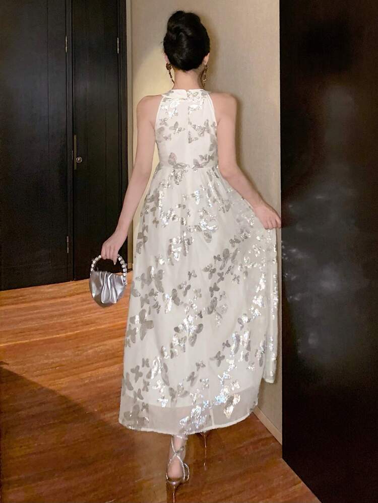 Sequin Print Splice Halter Mid-Length Dress For Women Cocktail Dress