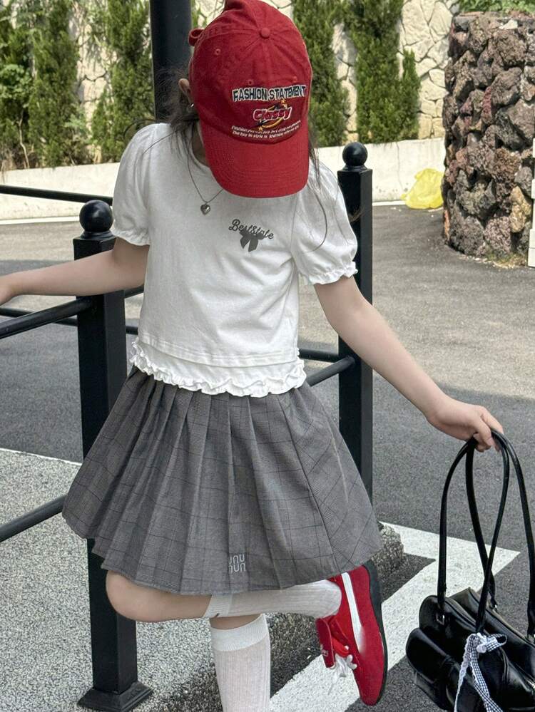 2pcs Tween Girls Crew Neck Knitted Printed Ruffle Sleeve T-Shirt + Pleated Skirt Set, Summer