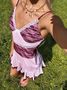 SHEIN EZwear Vestido mini asimétrico de verano con cordón, encaje y contraste de color rosa, mora y rosa para tiempo libre y vacaciones - Rosa - Ver 3