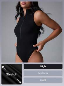 Menodora SHEIN Sport Movishi Seamless & High Stretch Women's Plain Color Knit Casual Bodysuit - Black - View 3