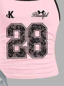 SHEIN 可爱的芭蕾舞风格黑色和粉色蕾丝蝴蝶结字母 28 图案吊带背心，青少年女孩修身休闲运动短款上衣，腰部有褶饰