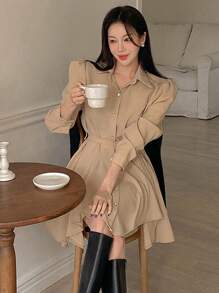 DAZY Vestido casual corto de manga larga con cuello, de unicolor, para mujer, vestido de otoño - Caqui - Ver 7