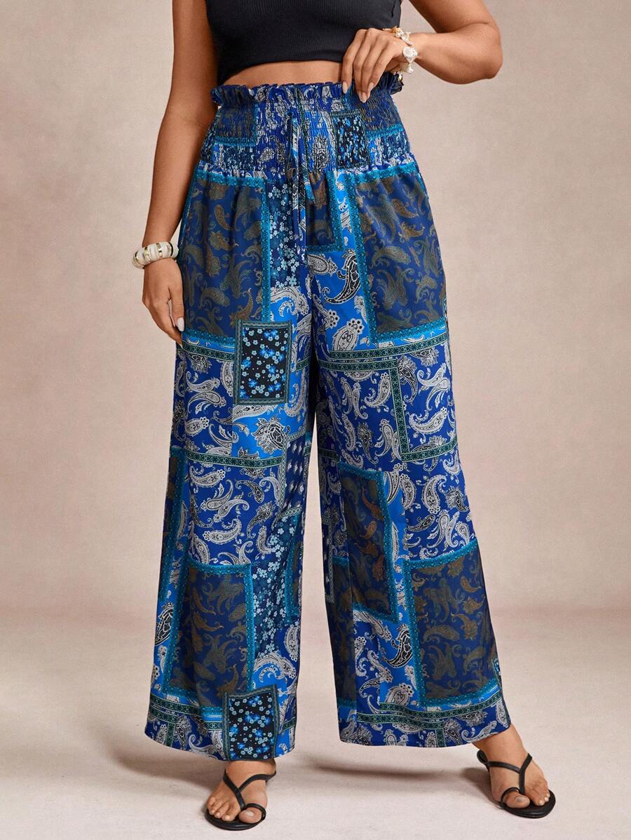 SHEIN VCAY Pantaloni a gamba larga con vita elastica e stampa a motivo di anacardi, adatti per vacanze, taglie forti per donne